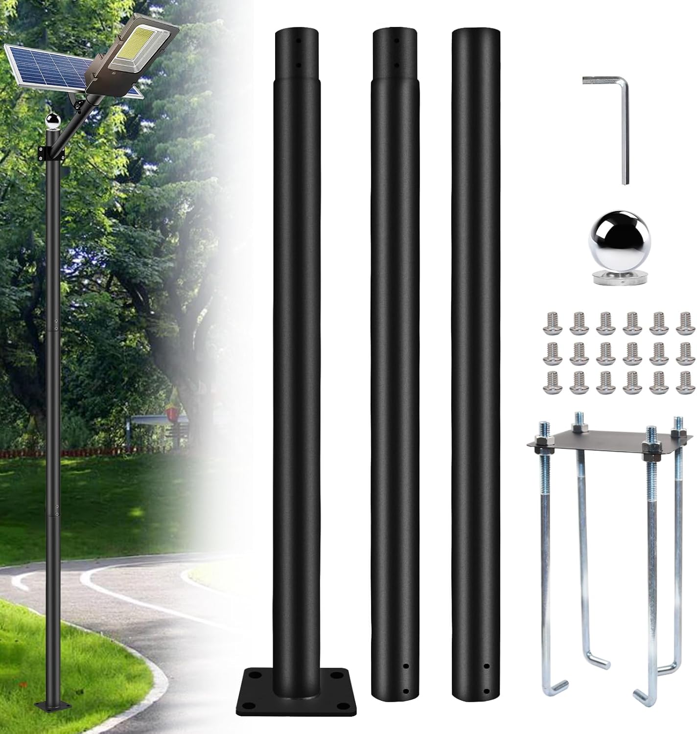 10Ft Street Light Pole, Street Light Poles for Outdoor Lighting, Solar Street Light Pole Accessory for Street, Patio, Backyard, Basketball Court, Park with Mounting Rebar