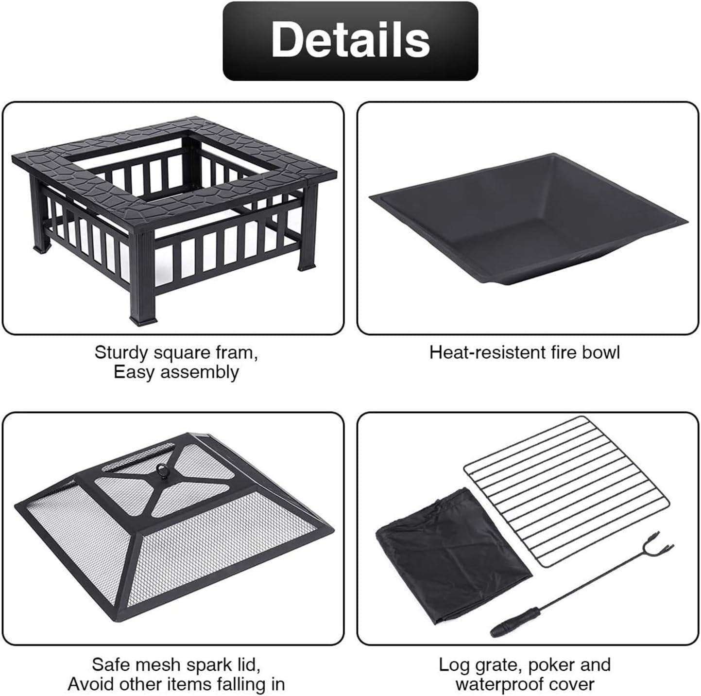 32 Inch Square Fire Pit Wood Burning Outdoor Firepit with Spark Screen Cover, Poker and Log Grate for Patio Backyard Camping Bonfire and BBQ
