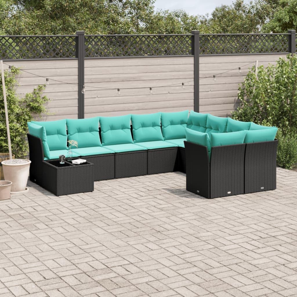 10 Piece Patio Sofa Set, Black Poly Rattan Outdoor Furniture with Cushions, Modular Garden Seating for Backyard, Terrace