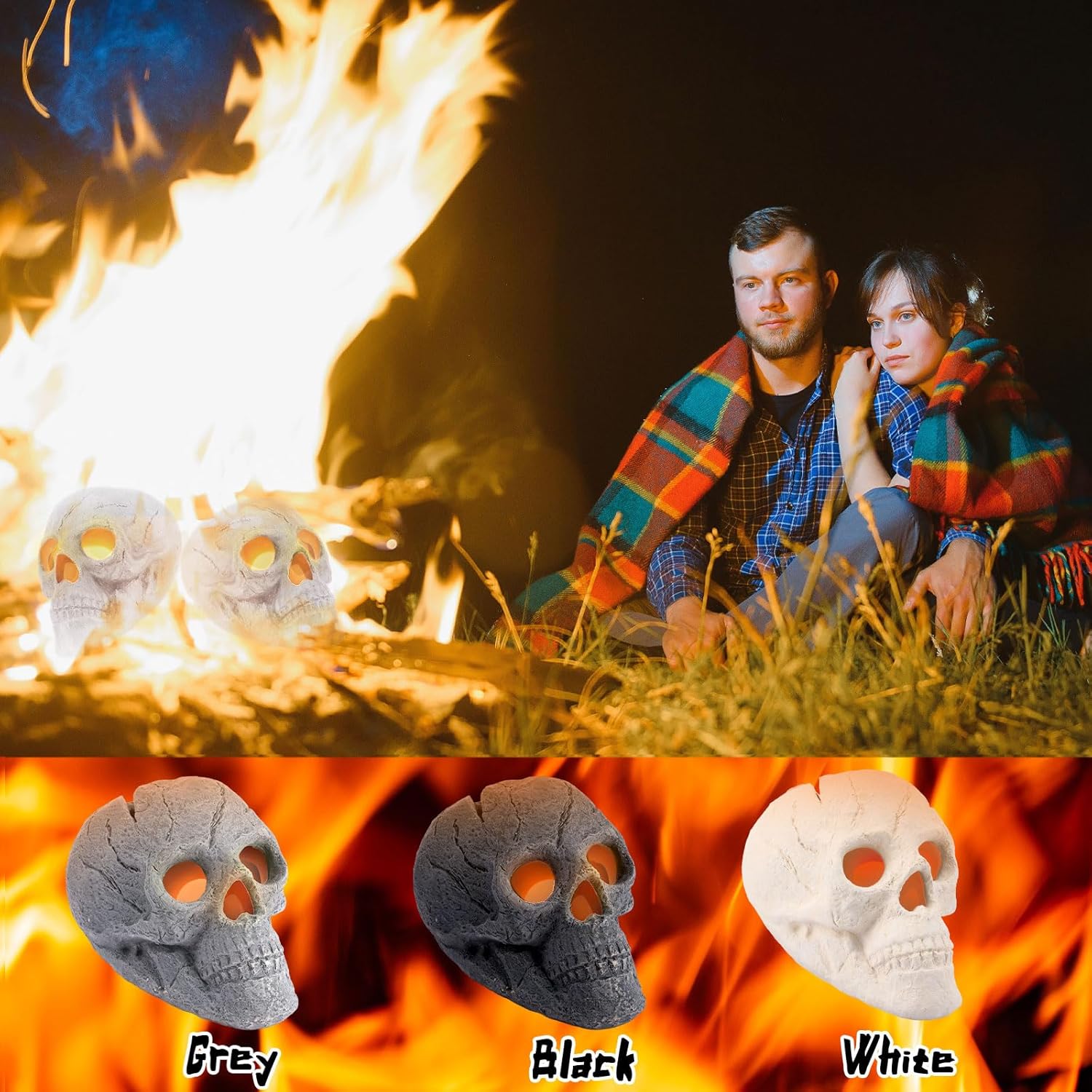 Zhehao 6 Pack Ceramic Fire Pit Skulls, 9 Inch Imitated Human Fireproof Skulls Bonfire Accessories Fake Logs Reusable Skull Firepit Stones for Outside Halloween Decor for Propane Wood Fires (Gray)
