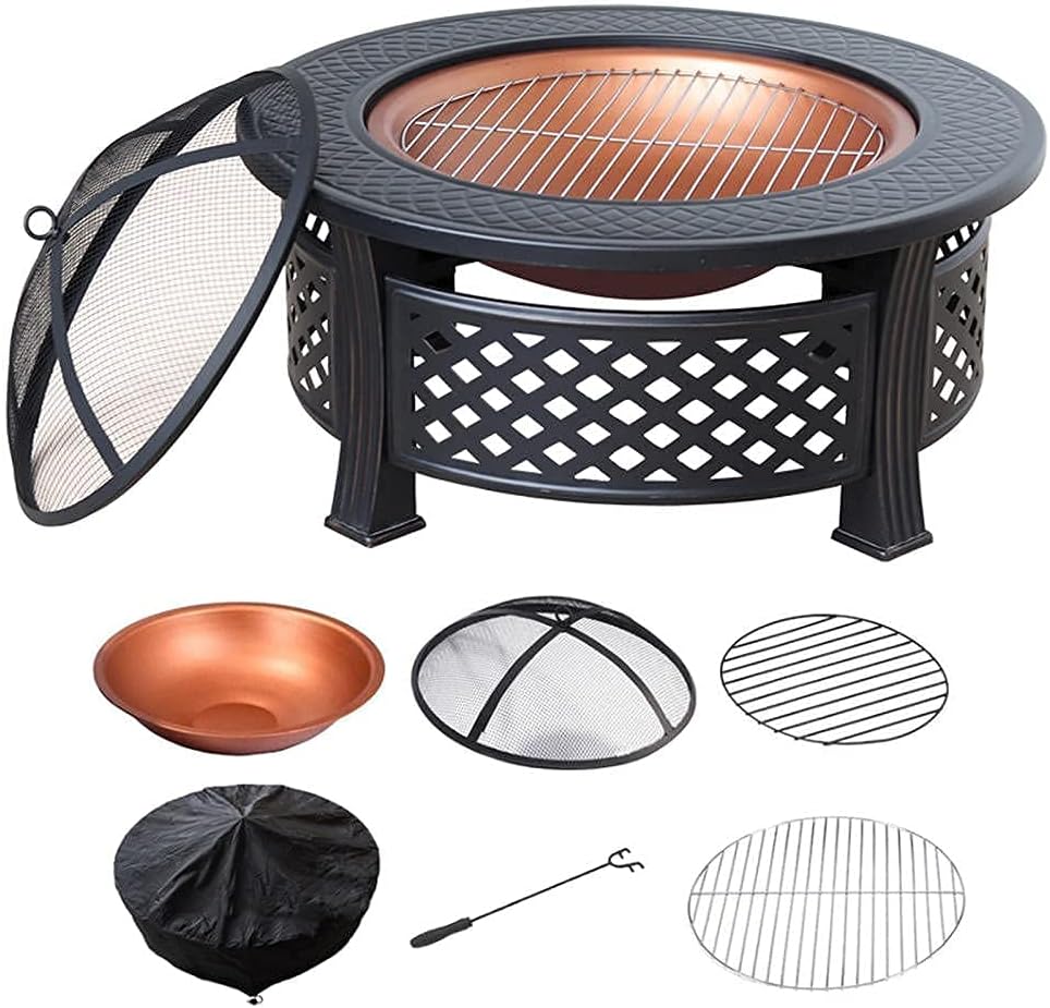 Fire Bowl Outdoor, Round Fire Pit, Wood Burning Pit with Spark Screen and Poker, Waterproof Cover 32Inch for Camping, Outdoor Heating, Bonfire and Picnic