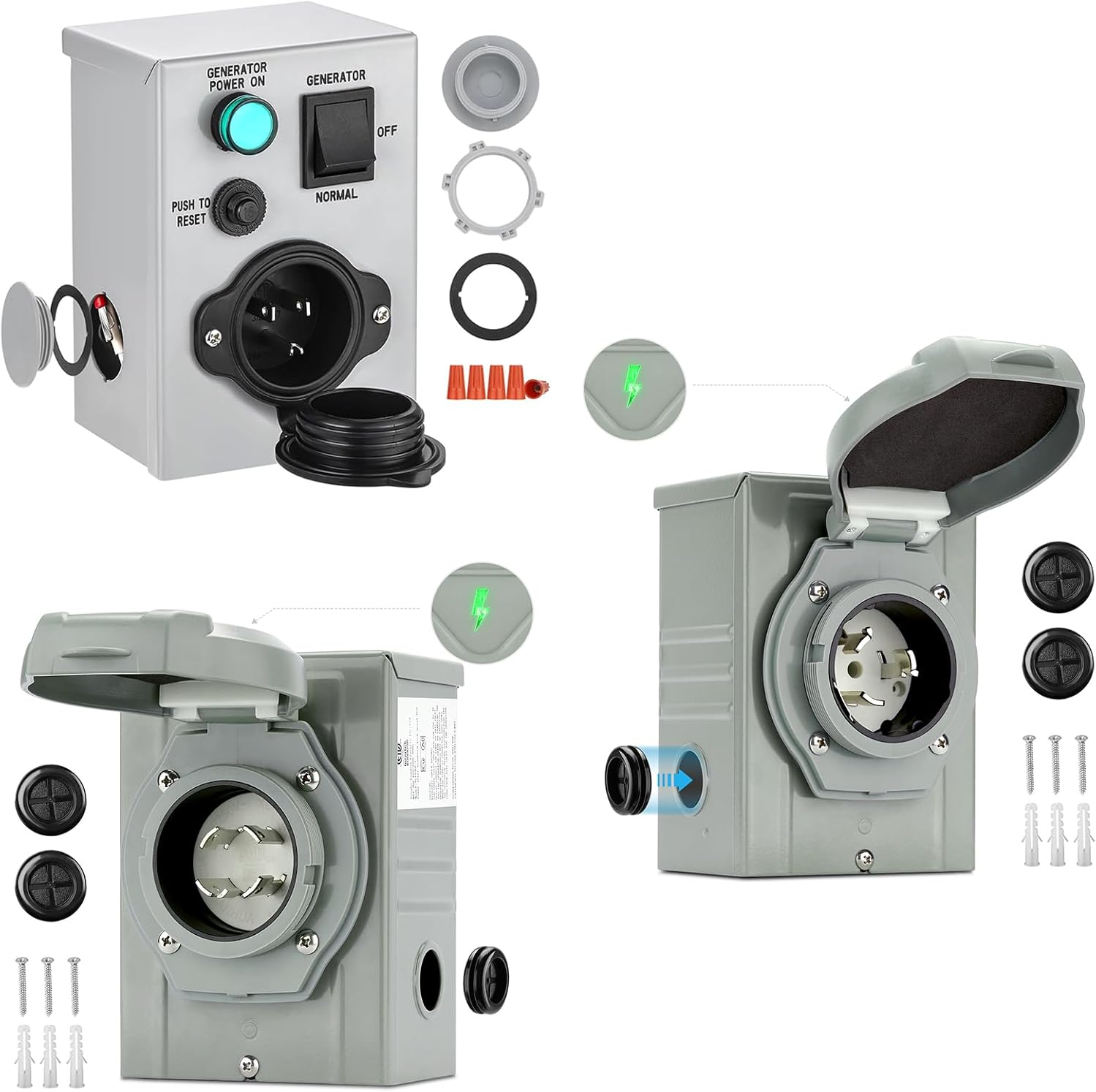Bundle| 30 Amp + 50 Amp Generator Power Inlet Box + Generator Transfer Switch 15 Amp