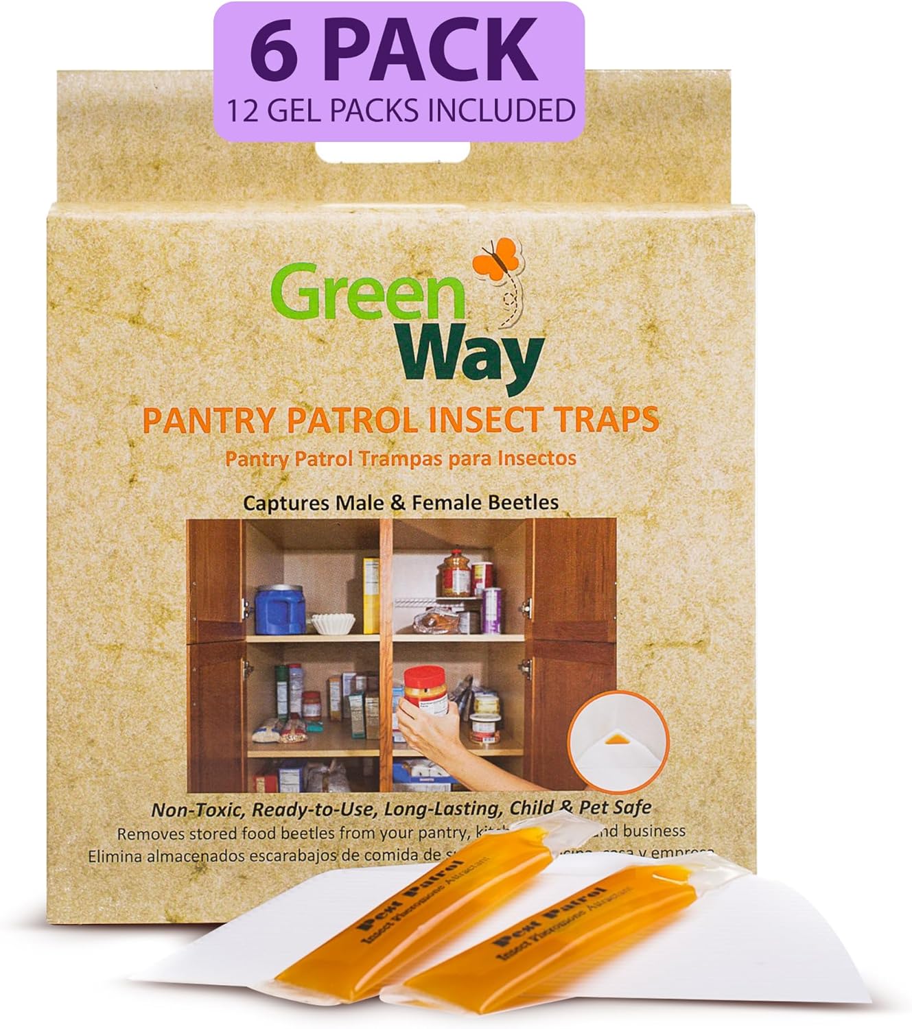 Greenway Pantry Patrol Traps, Non-Toxic Pantry Moth and Insect Control, Gel-Based for Flour Beetles, Grain Storage, and Kitchen Use, 6 Packs (Includes 12 Traps and 12 Lures)