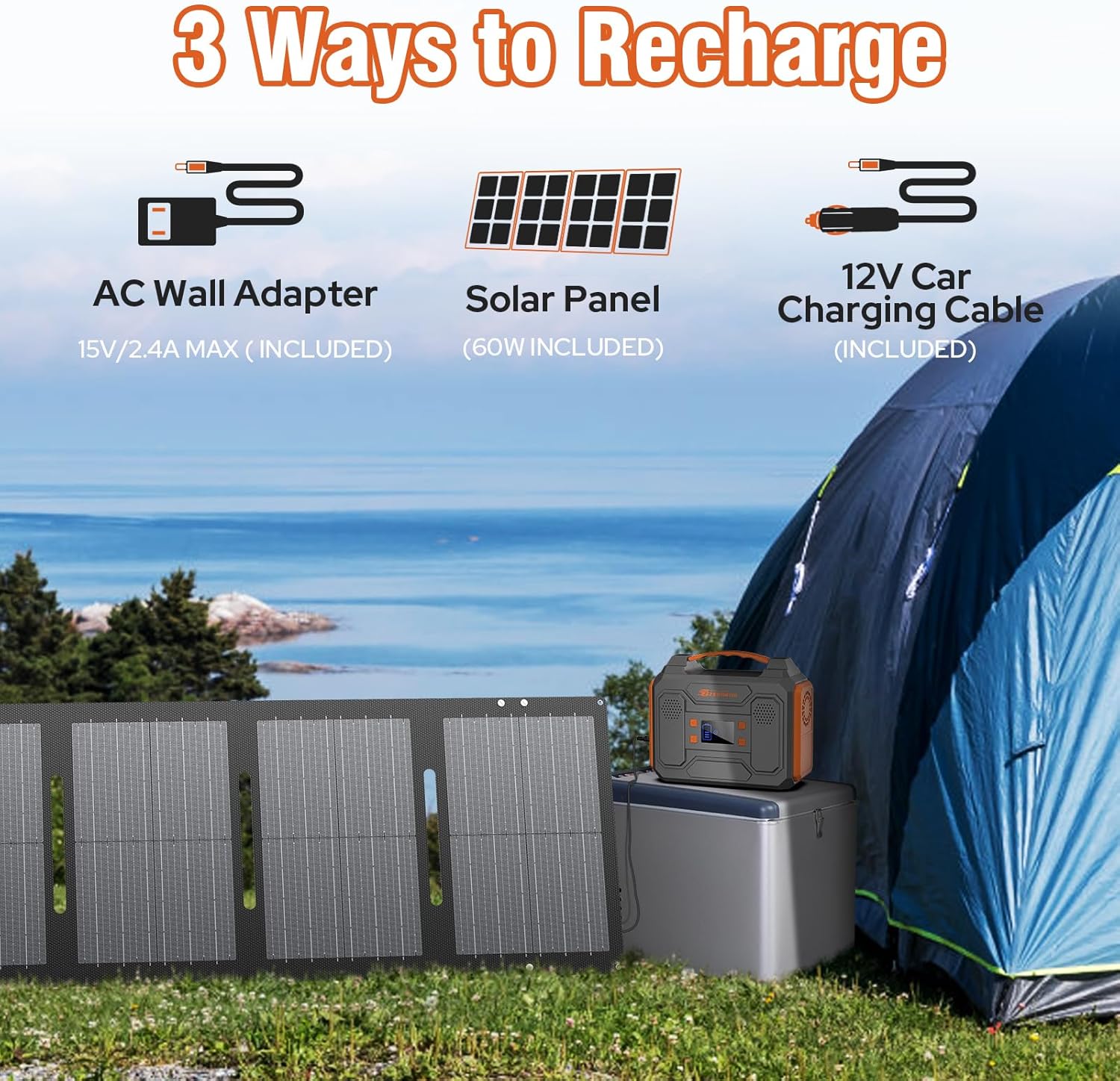 Portable Solar Generator, 300W Portable Power Station with Foldable 60W Solar Panel,110V Pure Sine Wave 280Wh Battery Power Pack with USB DC AC Outlet for Camping Smart Devices RV Van Outdoor-Orange