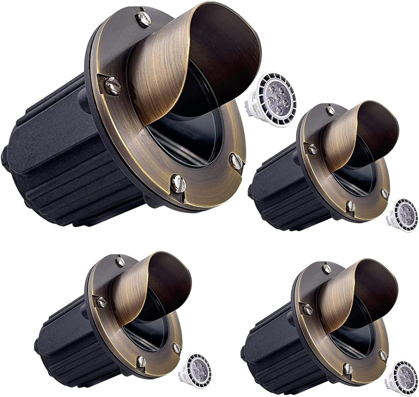 LED Low Voltage Landscape Lighting Well Lights 174 - Solid Brass In Ground Lights for Outside, Long Lasting Garden 12 Volt Landscape Lighting with MR16 7W LED Bulb, Ground Spake & Connectors (4 Pack)