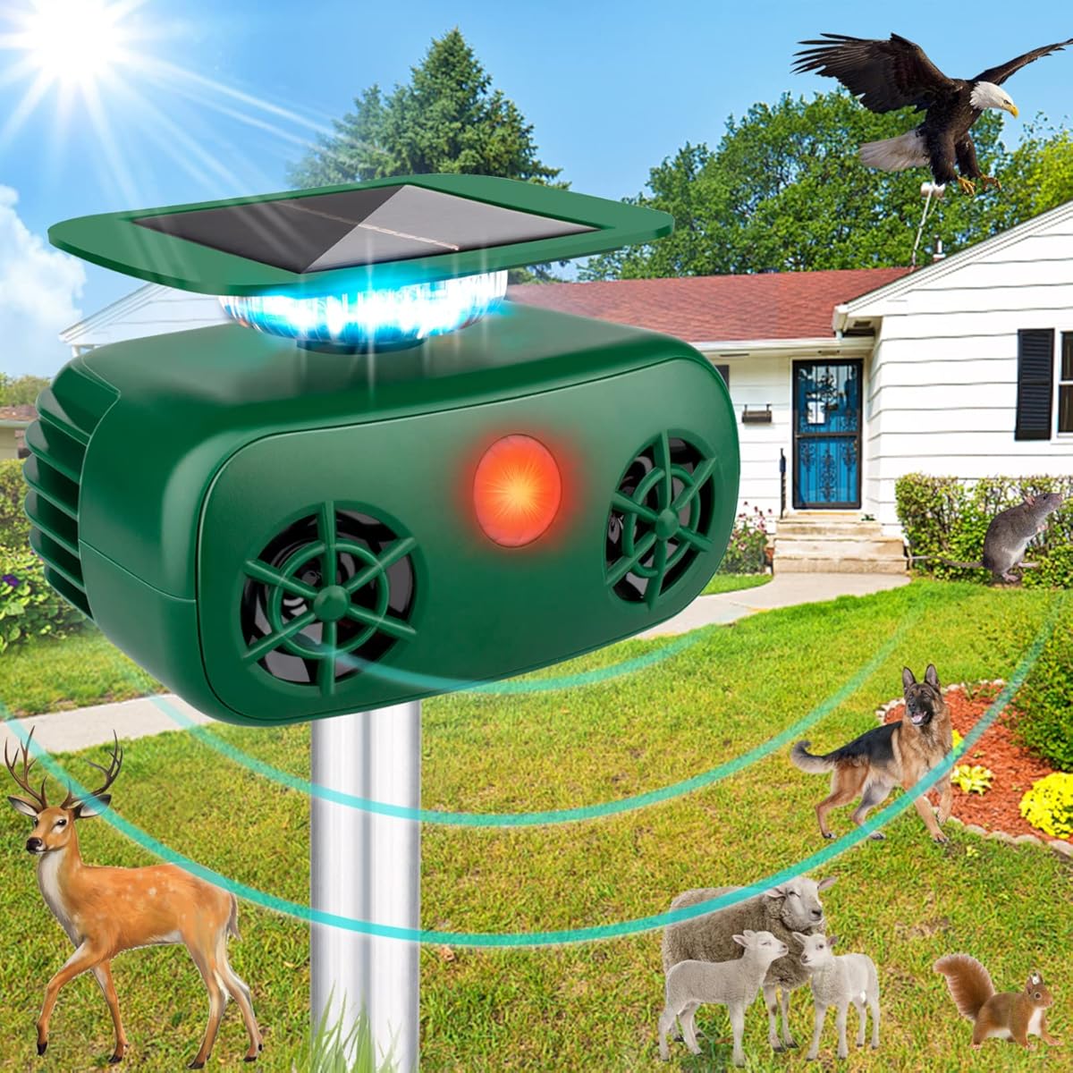 Ultrasonic Animal Repellent Cat Repellent Outdoor,Solar Pest Animal Repellent with Motion Sensor and Flashing Lights,Deer Repellent Devices for Repelling Cat Squirrel Deer Raccoon Coyote Skunk