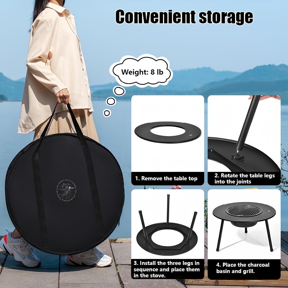 Large Wood Burning Fire Pit with Grill, Portable Firepit for Outside Cooking & Heating, Carbon Steel Fire Pit Grill for Camping, Backyard, Picnics, and Outdoor Gatherings(Medium)