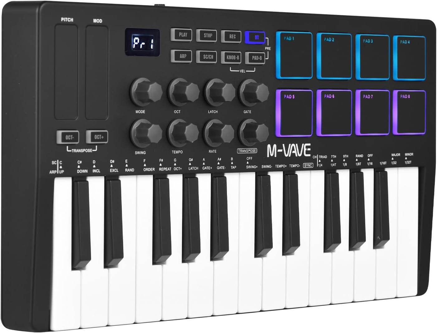 25-Key MIDI Control Keyboard Mini Portable USB Keyboard MIDI Controller with 25 Velocity Sensitive Keys 8 RGB Backlit Pads 8 Knobs