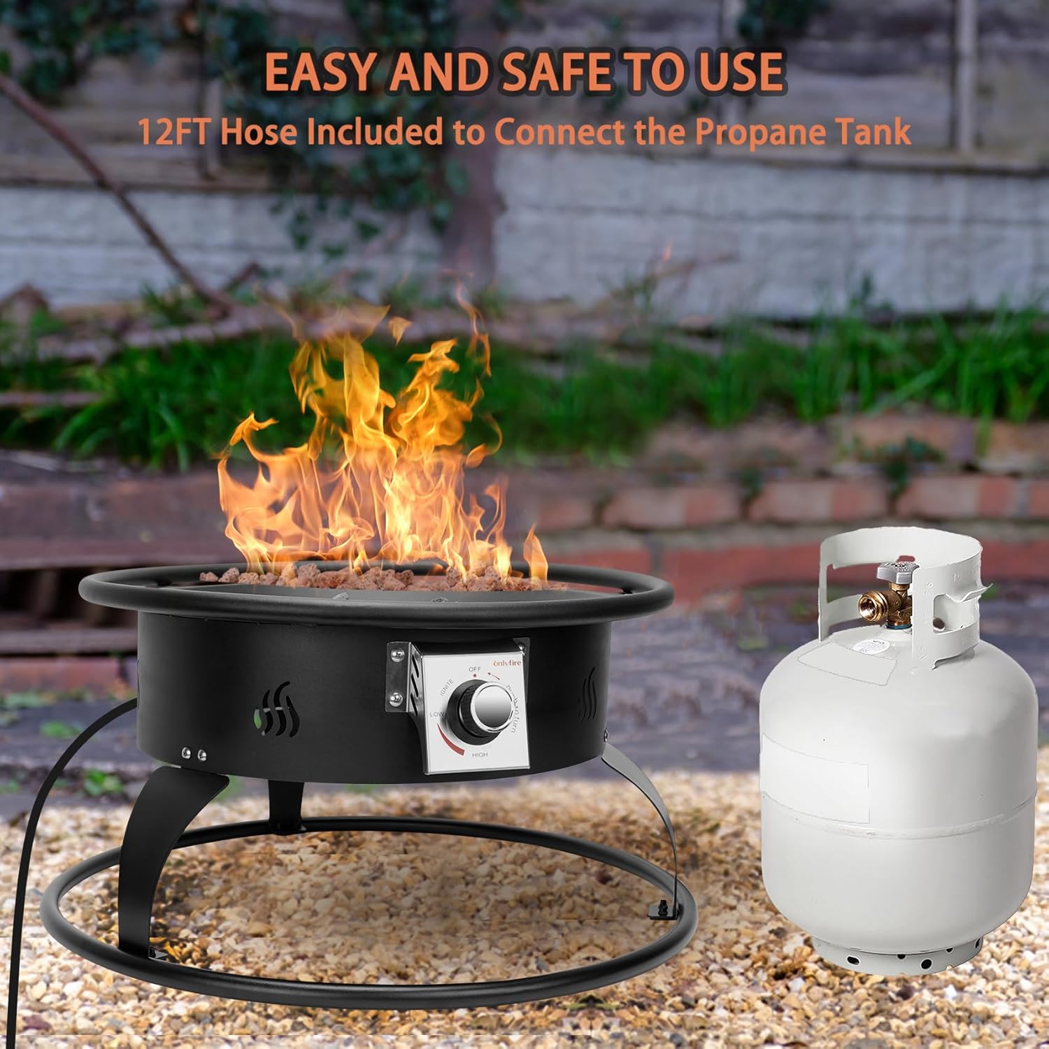 ONLYFIRE OUTDOOR LIVING Propane Gas Fire Pit 22¡±, Portable Smokeless Fireplace with 12Ft Hose & Lava Rocks, FirePit for Patio Backyard Bonfire Camping RV Tailgating Beach Party, 55000BTU, #FP001