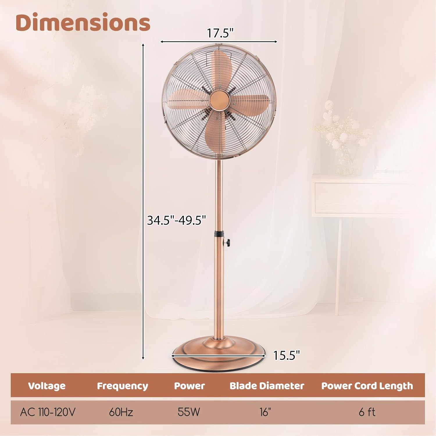 Tangkula 16-Inch Metal Pedestal Fan, Industrial Metal Standing Fan with Adjustable Height, 3 Speeds, 75° Oscillation & 20° Head Tilt, Floor Fan with Weighted Base for Living Room Office (Copper)