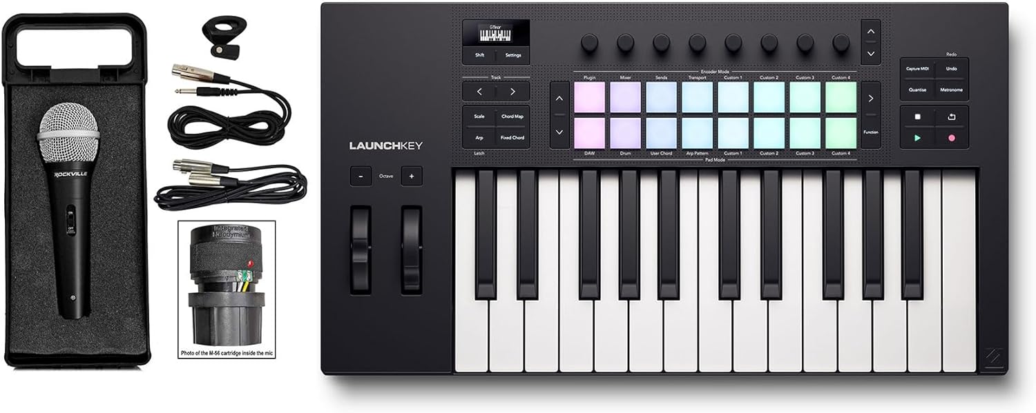 Audiosavings Bundle: Novation LAUNCHKEY 25 MK4 25-Key USB MIDI Ableton Live Keyboard Controller Bundle with Rockville RMC-XLR High-End Metal DJ Handheld Wired Microphone Mic w (2) Cables (2 Items)