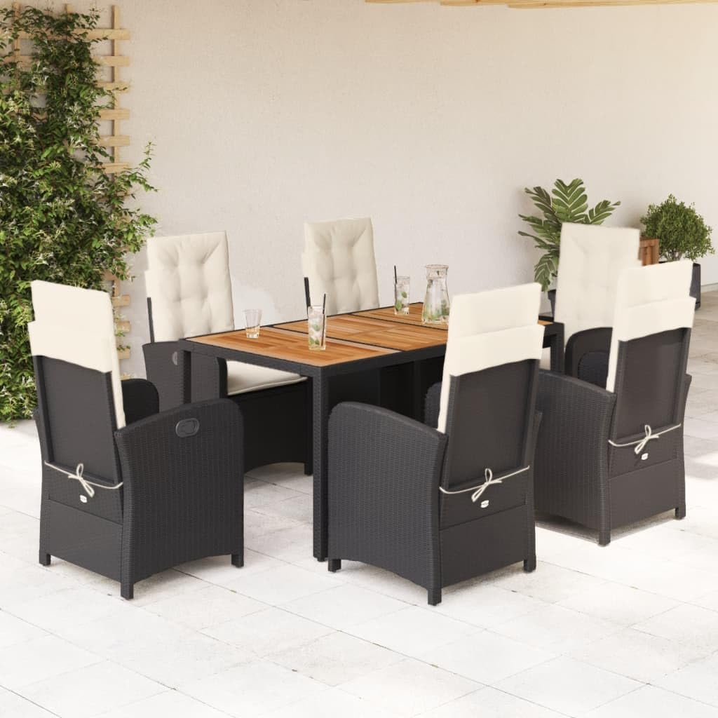 7 Piece Patio Dining Set with Cushions Black Poly Rattan,Outdoor Patio Dining Set with Adjustable Backrest and Cushions for Garden, Backyard Patio Furniture Sets, Outdoor Furniture Sets