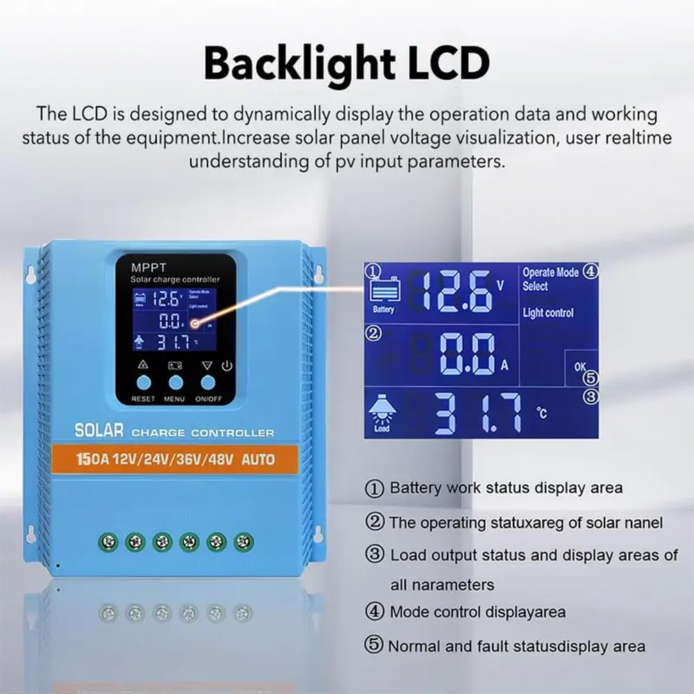 150A MPPT Solar Charge Controller,12V/24V/36V/48V/96V Auto,Max Input 150V LCD Display Regulator Intelligent Regulator Charge Controller