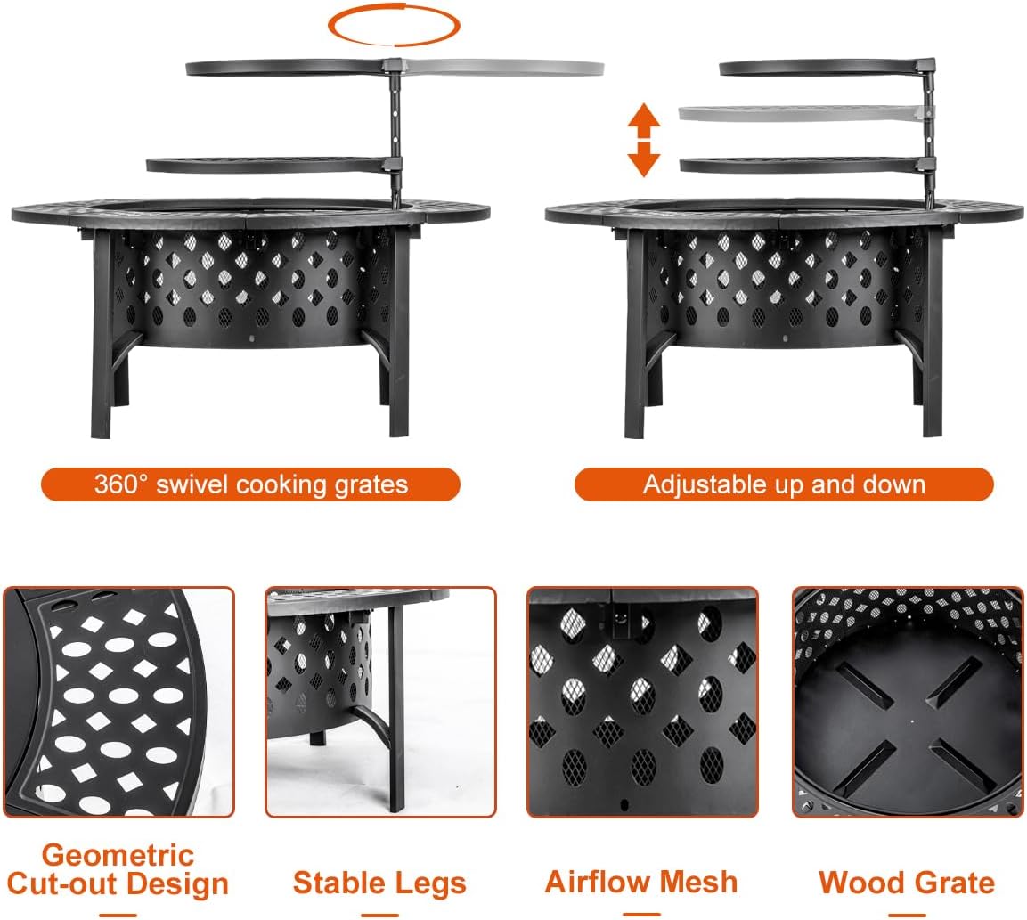 36 Inch Fire Pit with 2 Grills, Wood Burning Fire Pits for Outside with Lid, Poker and Round Waterproof Cover, BBQ& Outdoor Firepit & Round Metal Table 3 in 1 for Patio, Picnic, Party (BLACK 36 inch)