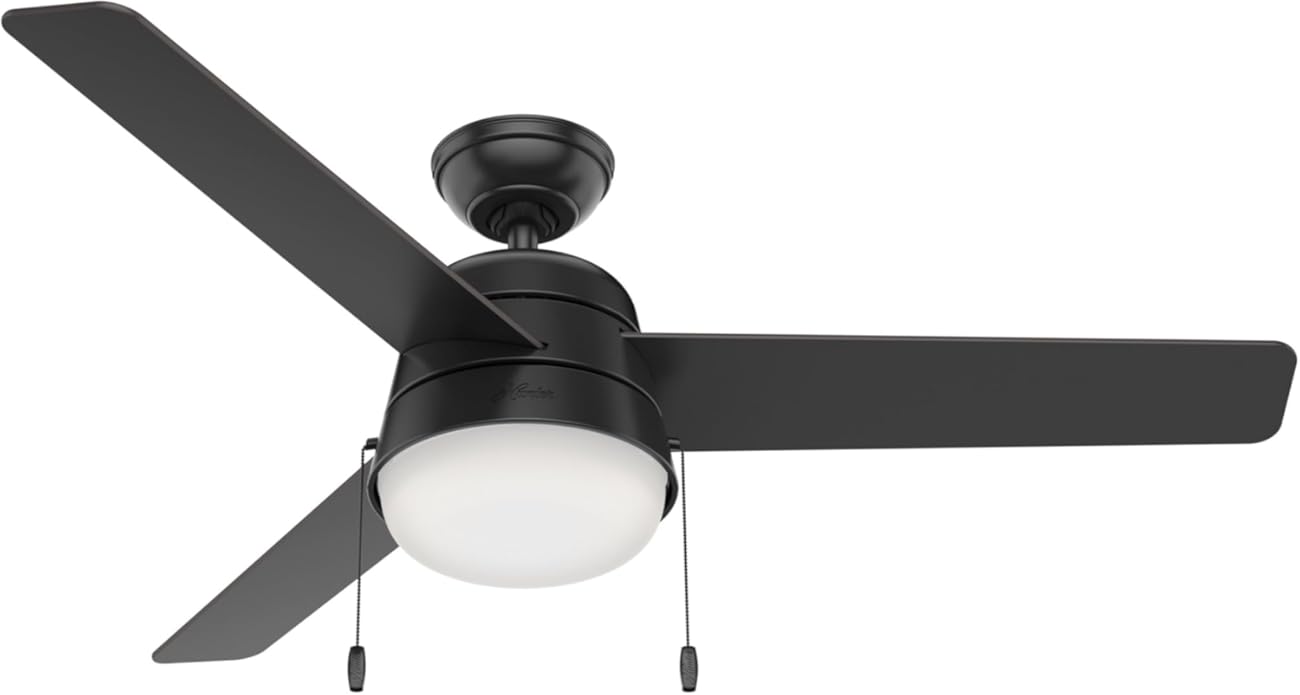 Hunter Fan 52 inch Contemporary Black Indoor/Outdoor Ceiling Fan with Light Kit and Pull Chain for Porch, Bedroom, Living Room, Office, Basement, Kitchen, Dining Room (Renewed)