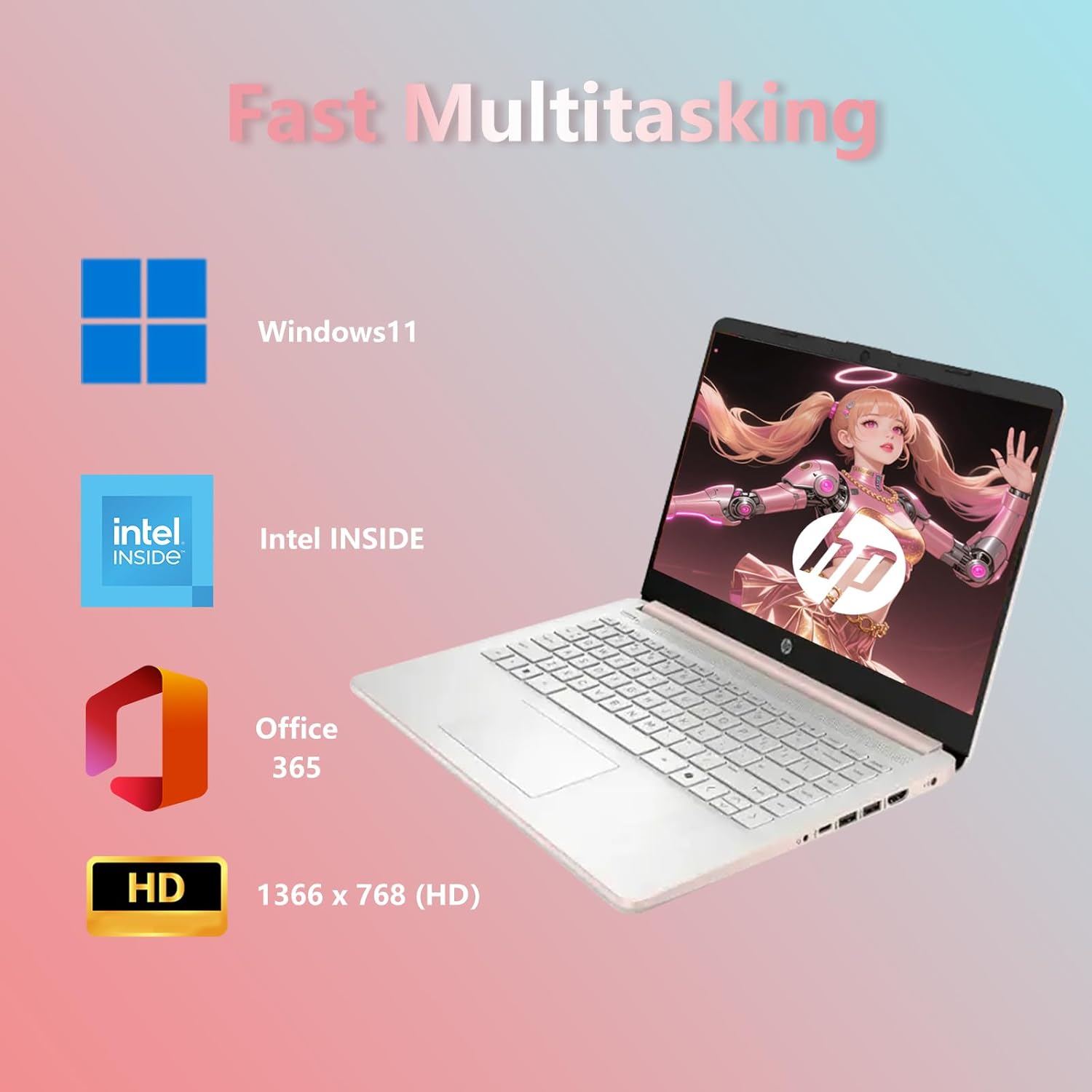 HP 14 Inch Laptop Student Business, Microsoft 365, Copilot AI, IntelN150, 16GB RAM, 1.1TB Storage(128GB UFS+1TB Cloud Storage), 11-Hr Long Battery Life, Pink Laptop, Alpacatec Accessories
