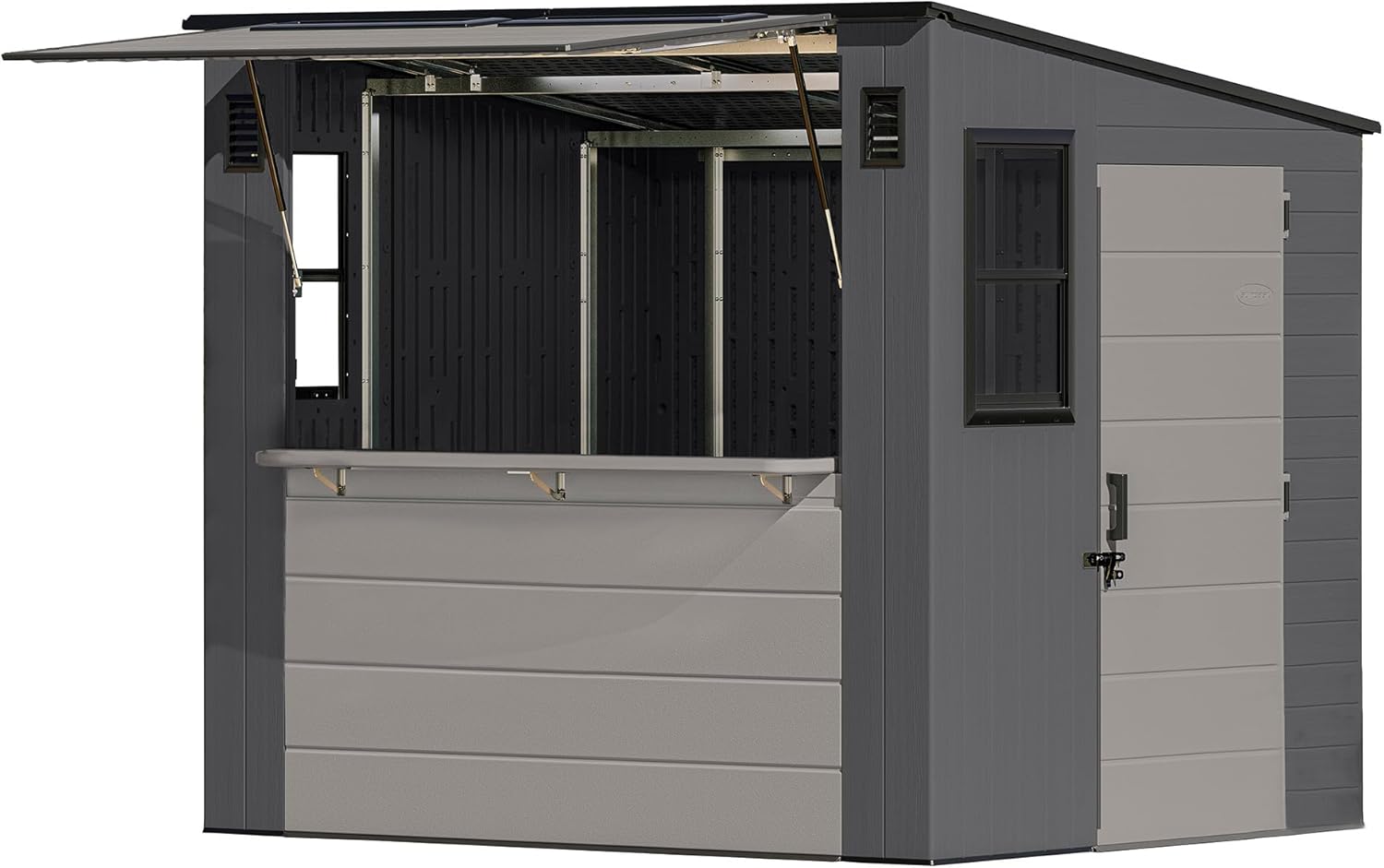 Suncast 8' x 7' Cabana Entertainment Storage Shed, All-Weather Outdoor Backyard Shelter with 2 Windows and Fold-Down Bar Top, Gray