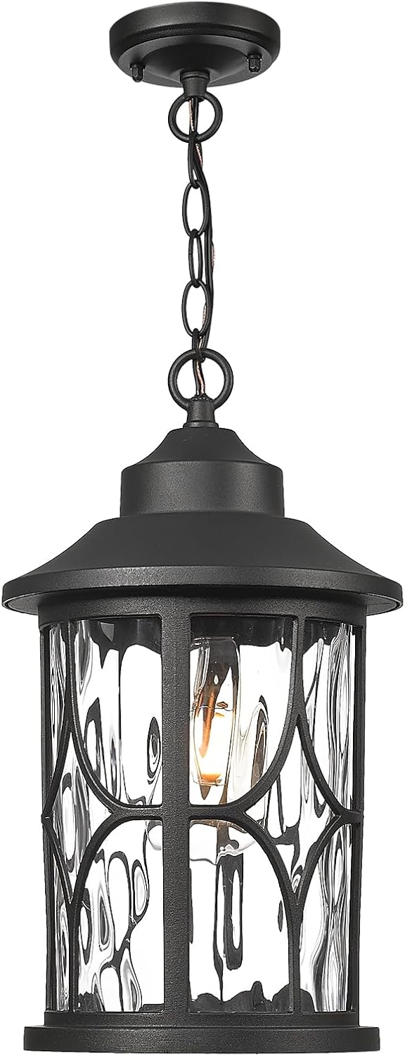 zeyu Modern Outdoor Hanging Porch Light, 14.6 Inch Outdoor Pendant Lights for Porch, Die-Cast Aluminum with Clear Water Ripple Glass, Black Finish, ZX48MH-WG BK