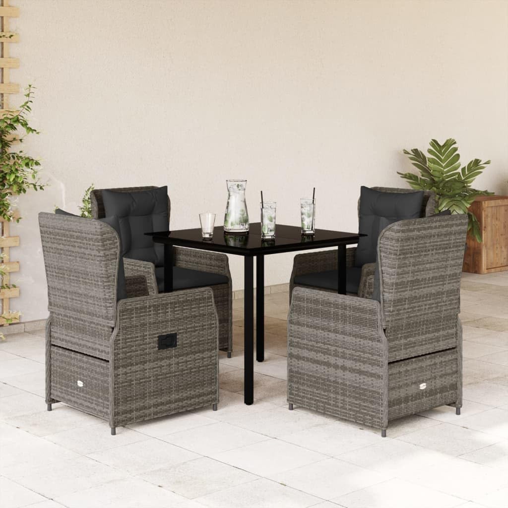 5-Piece Outdoor Dining Set, Gray Poly Rattan Patio Furniture with Reclining Chairs, Square Tempered Glass Table, Weather-Resistant Cushions for Garden, Balcony