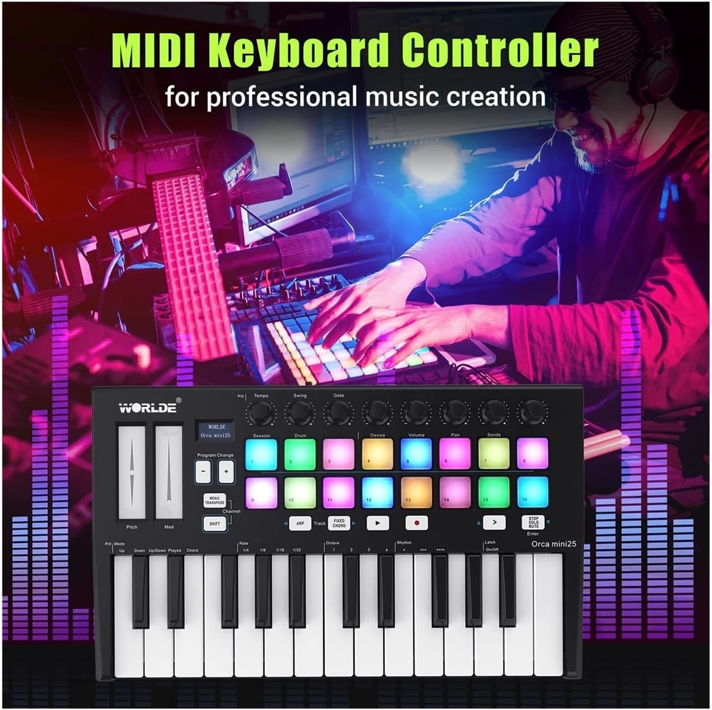 Portable 25-Key USB MIDI Keyboard Controller – 16 RGB Backlit Pads, 8 Assignable Knobs, Velocity-Sensitive Keys for Music Production