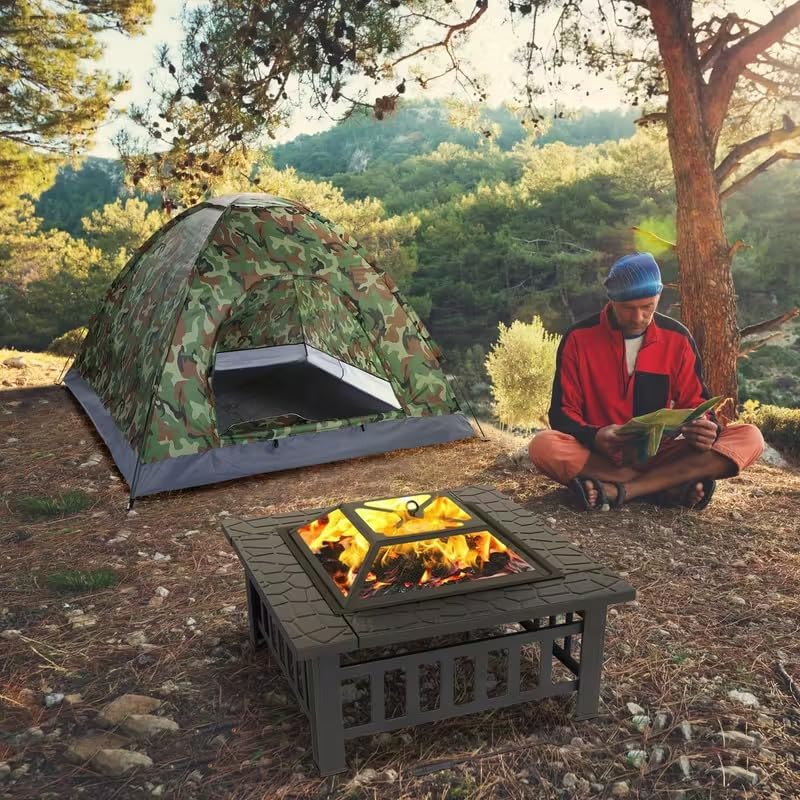 32-Inch Square Metal Fire Pit Table, Multifunctional Firepit Stove for Backyard, Patio, Garden, Camping, Outdoor Heating, Bonfires & Picnics