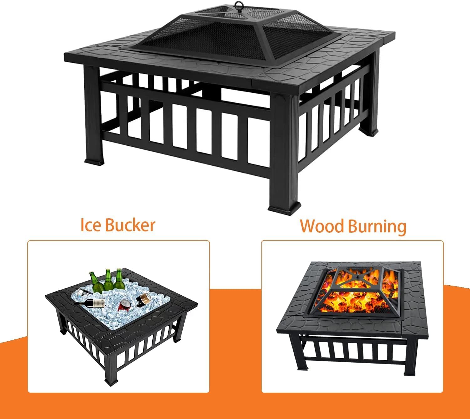 Outdoor Wood Burning Fire Pit, 32 Inch Square Metal Firepit for Outside, Multifunctional Bonfire Fire Pits Table with Mesh Lid and Poker for Backyard Heating, Garden, Patio, Camping, Black