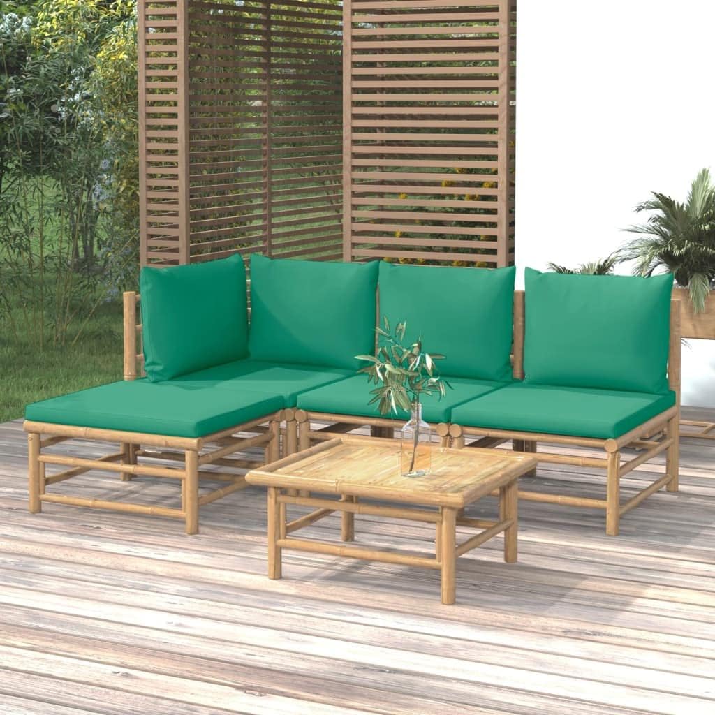 5 Piece Patio Lounge Set with Green Cushions Bamboo,Modern Bamboo Lounge Set: Comfort and Style for Your Outdoor, Patio Furniture Sets, Outdoor Furniture Sets