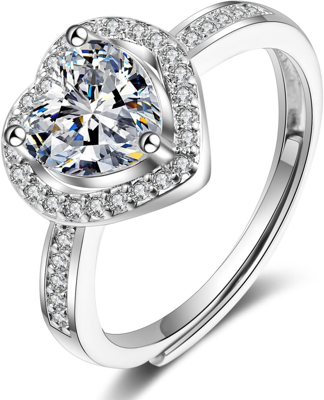 Heart Wedding Ring, Womans Rings Moissanite Silver Statement Band 18K White Gold for Fiancée