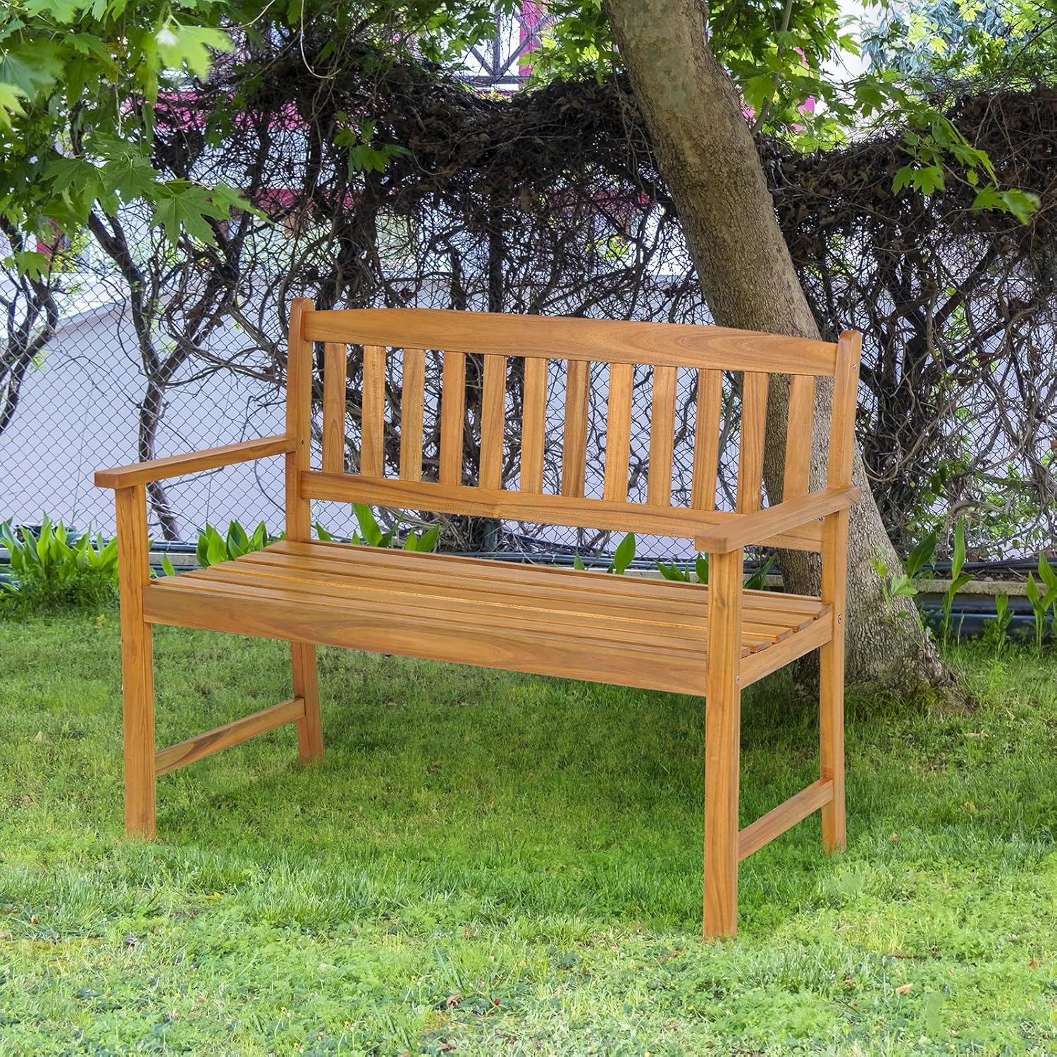 Tangkula Outdoor Acacia Wood Bench, 2-Person Garden Bench with Backrest and Armrests, Garden Bench with Slatted Seat for Porch, Park, Backyard, 800 Lbs Max Load, 43” L x 22” W x 34” H, Natural