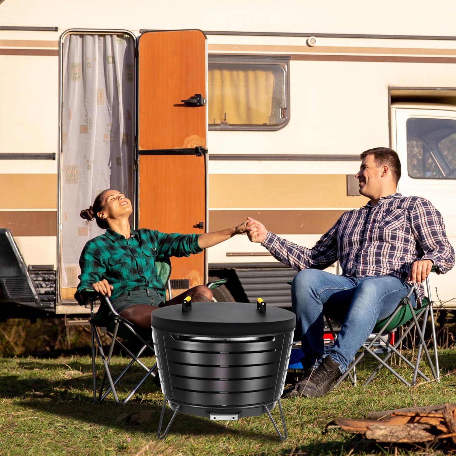 25.5” firepit lid round for inside up to 25” gas fire pit lid for Outdoor Fireplace Cover Lid Steel fire pit metal cover W/ 2 Wooden Handles & Heat Resistant Snuffer Lid for Round Patio Fire Pit Ring