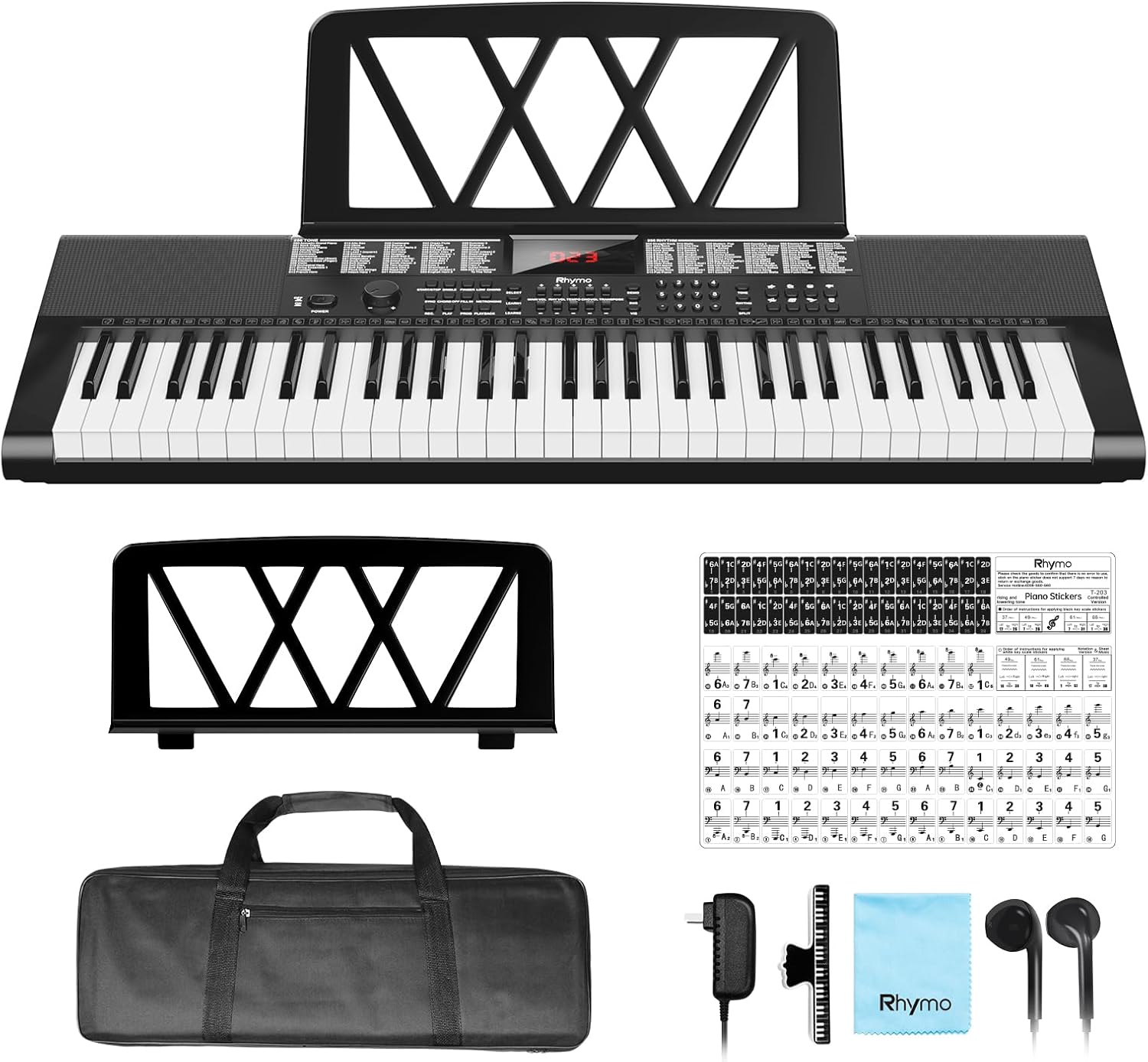 Keyboard Piano 61 Keys, Electric Piano Keyboard Kit with 255 Voices, 255 Rhythms, Powered by Power Adapter or Battery with LCD Display, Includes Sheet Music Stand, Piano Note Stickers, Earbuds
