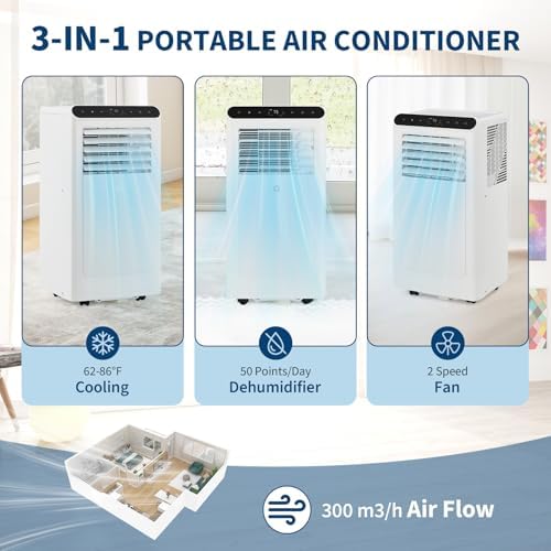 8000 BTU Portable Air Conditioner with Remote Control - 3-In-1 Quiet AC Unit, Dehumidifier & Fan for 350 Sq.Ft Rooms. Includes Window Kit, 24H Timer & Sleep Mode