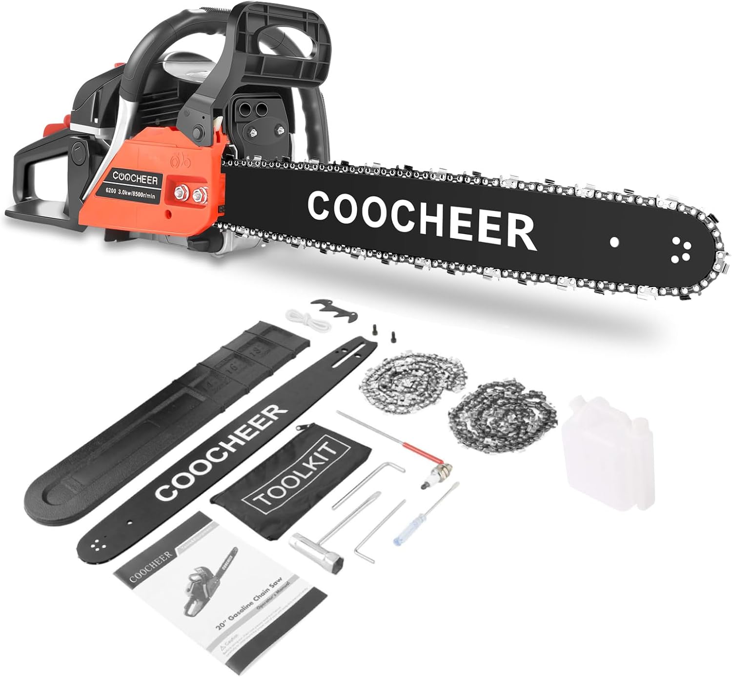 COOCHEER 62CC Gas Chainsaw 20 Inch Gasoline Powered Chain Saws 12000r/min 3.5 HP 2-Cycle Power Chain Saw Cordless Gas Powered Chainsaw with 2 Chains for Tree Branches Wood Cutting