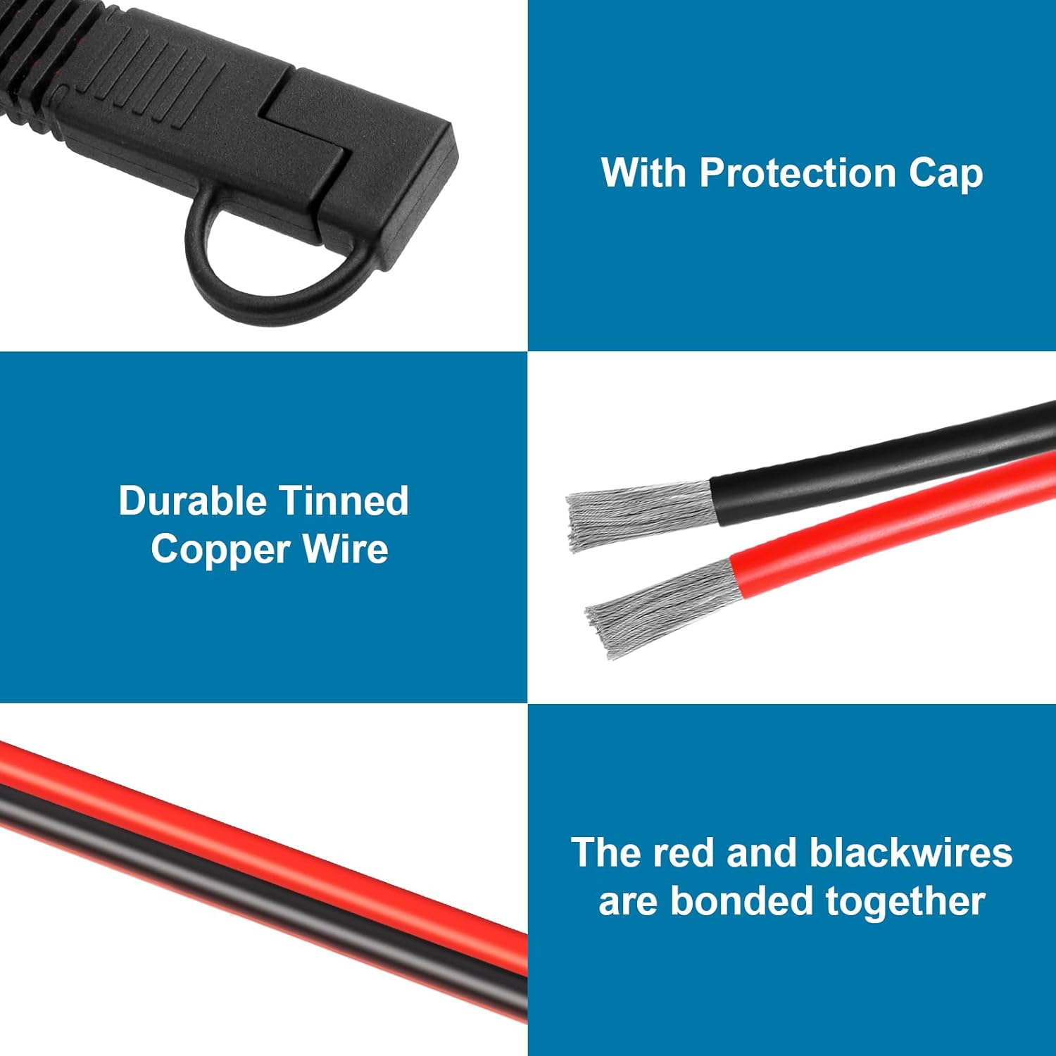 SAE Extension Cable 50FT–SAE to SAE Heavy Duty 10AWG Tinned Copper Wire with SAE Battery Cable Terminal Connectors for Automotive, RV, Marine, and Solar Applications.