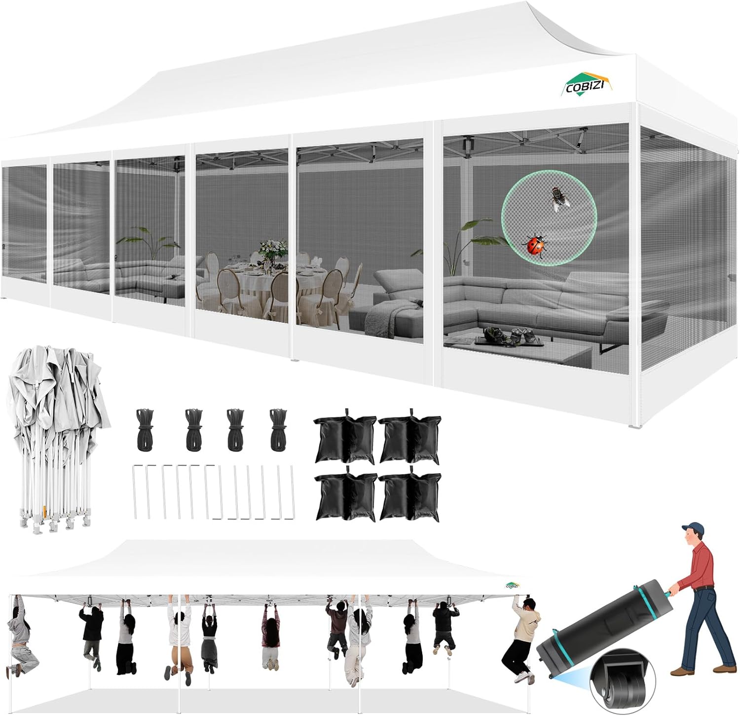 COBIZI 10x30 Pop up Canopy Tent with Netting Sidewalls, Heavy Duty Easy Set up Outdoor Canopy with Rollerbag,White