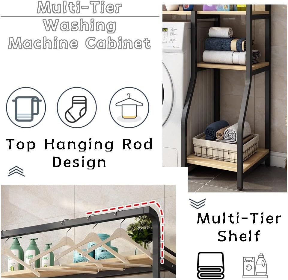 5 Tier Drum Washing Machine Storage Rack with Hanger Rail Multi Functional Over The Washer and Dryer Shelf Metal Frames for Laundry Room Storage