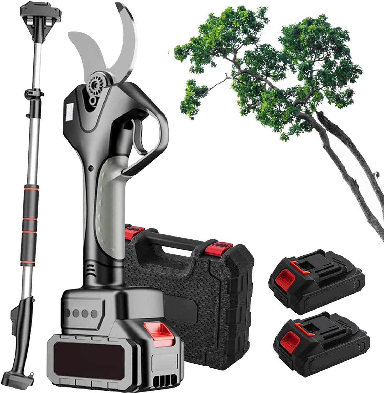 Electric Pruning Shears, Cordless Secateurs with 2×4.5Ah Battery / 2.1M Telescopic Pole, 50mm Max Diameter Tree Pruner, Branch Scissors for Garden Orchards