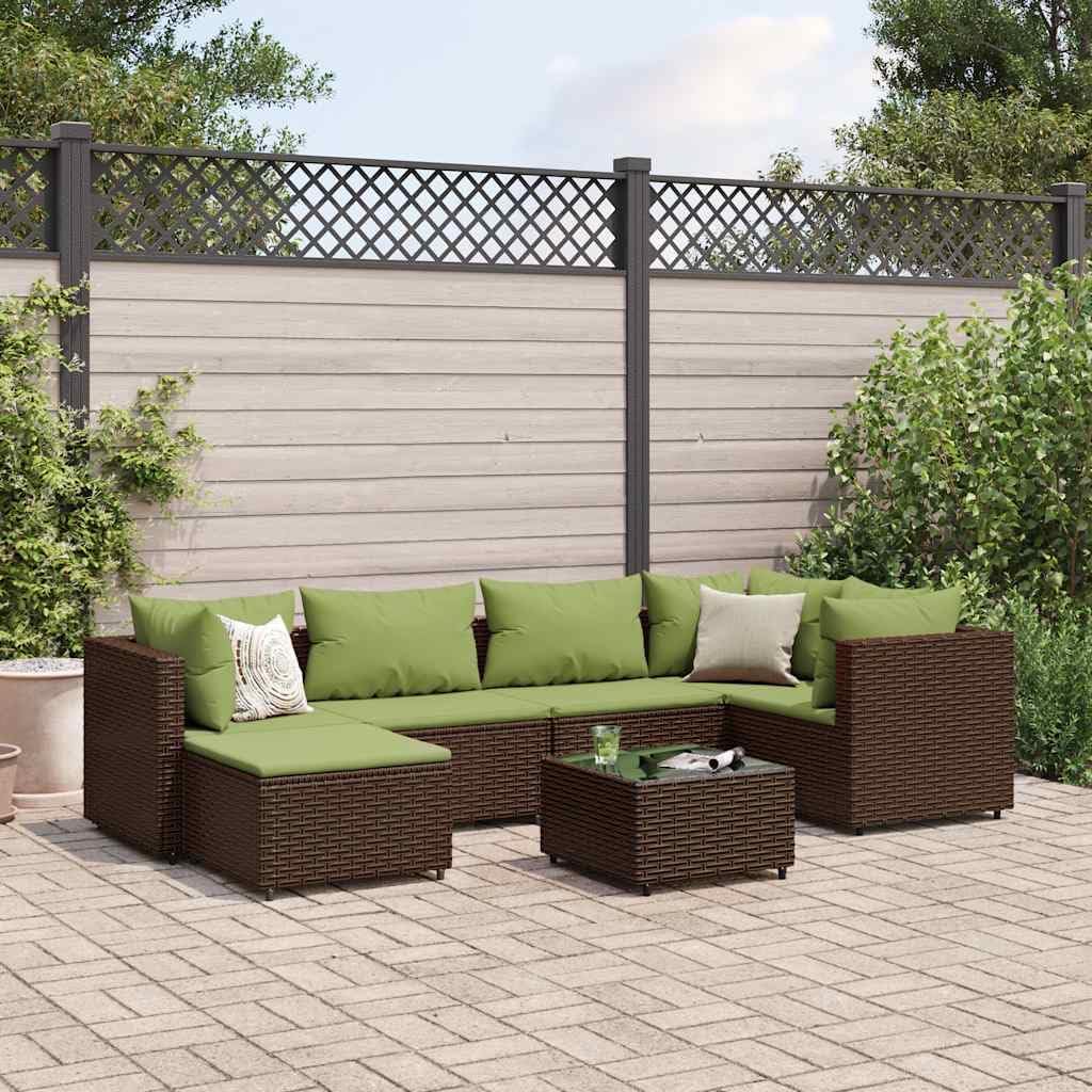Patio Lounge Set, Brown Poly Rattan 7 Piece Modular Outdoor Furniture, All-Weather Wicker Sofa Seating with Cushions, Adjustable Feet for Garden, Balcony