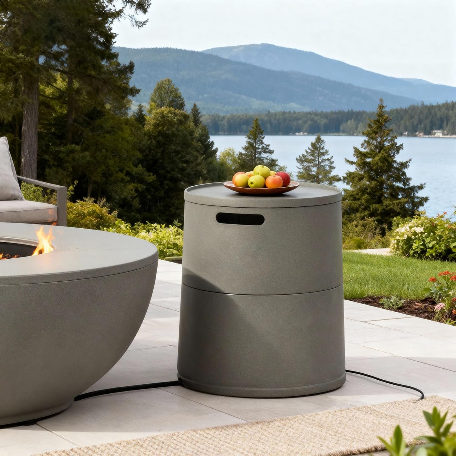 Propane Tank Cover, Outdoor Fire Pit Cover Holder for 20 lb Tank for Dining or Party, Gray Round Steel Hideaway Storage for Gas Fire Pits & Patio, Firepit for Outside, Garden, Yard, Only Table