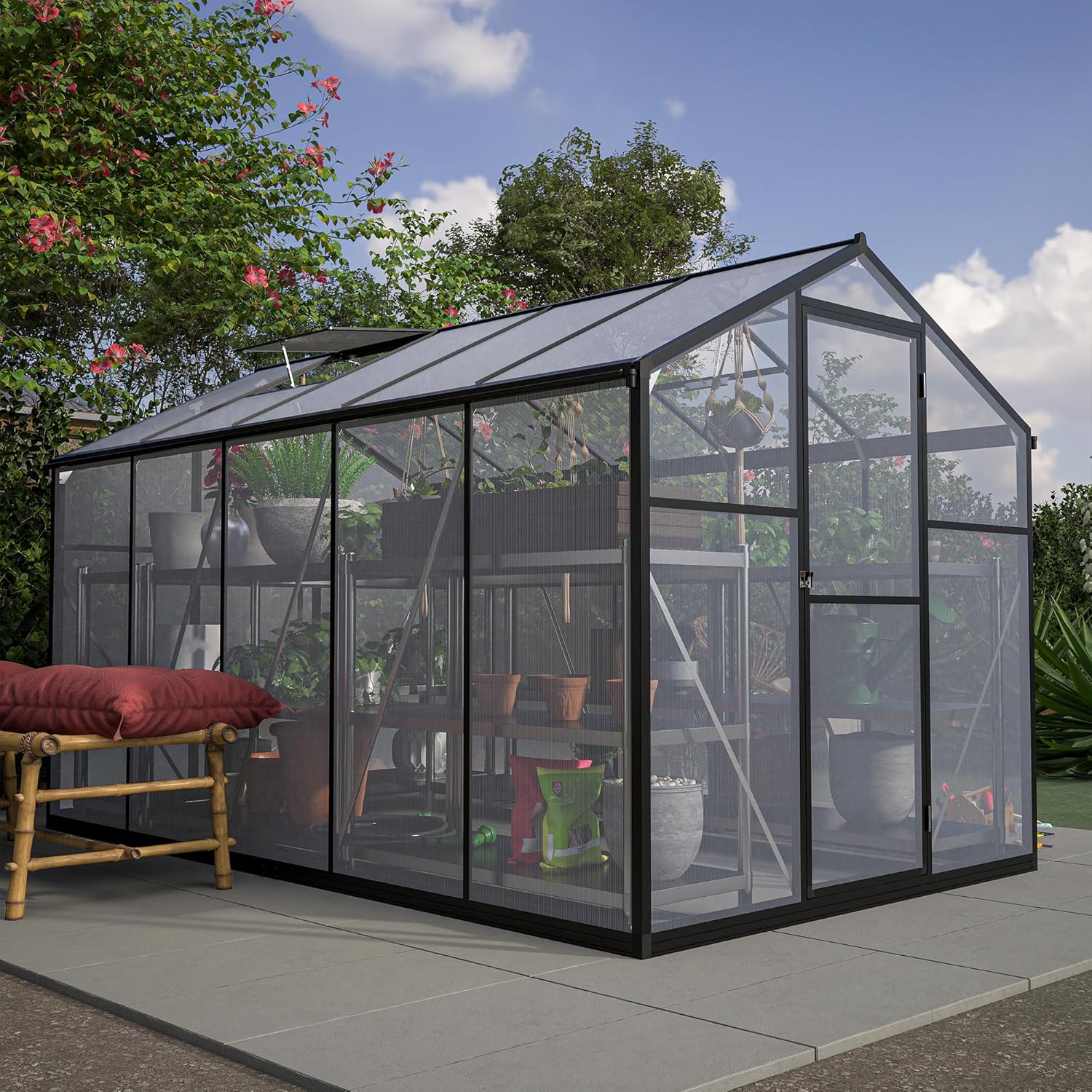 6x10 FT Outdoor Polycarbonate Greenhouse Kit - Heavy-Duty Aluminum Frame, Walk-in Garden Greenhouse with Lockable Door, Adjustable Roof Vent & UV Protection | All-Weather Stable for Backyard & Patio
