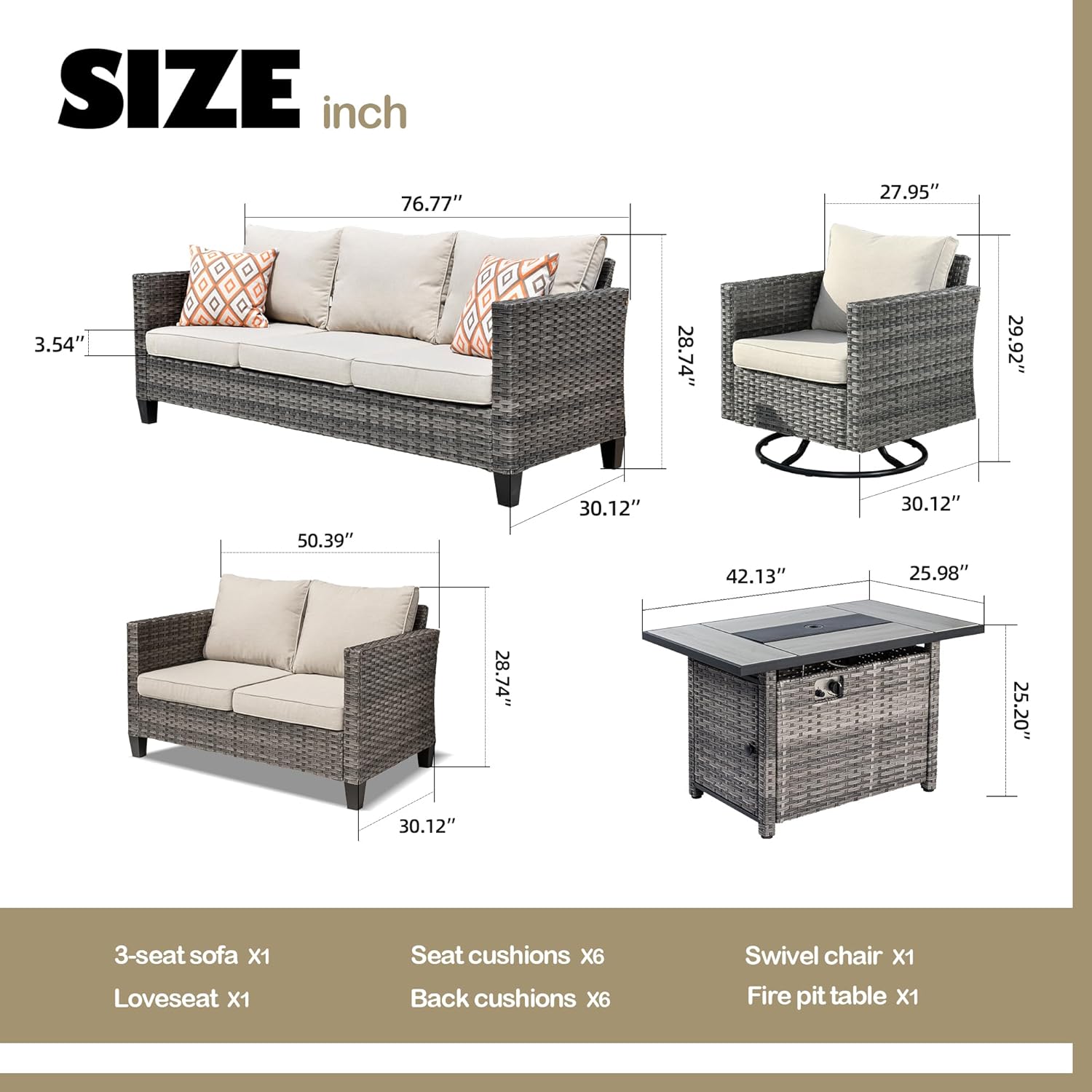 4 Pieces Wicker Patio Furniture Set,PE Rattan Outdoor Conversation Sofa Set with 42inch Fire Pit Table, Non-Slip Cushions and Swivel Chair(Beige)