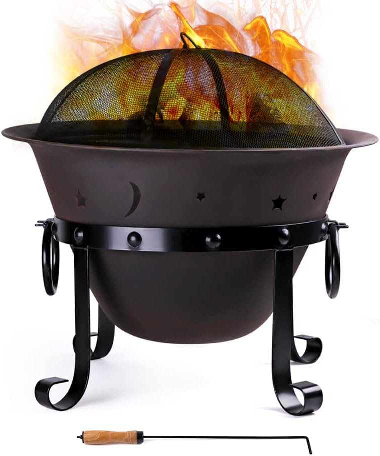 Cast Iron Fire Pits, Outdoor Round Wood Burning Fire Pit Bowl with Mesh Screen,Fireplace Poker,29 in Heavy Duty
