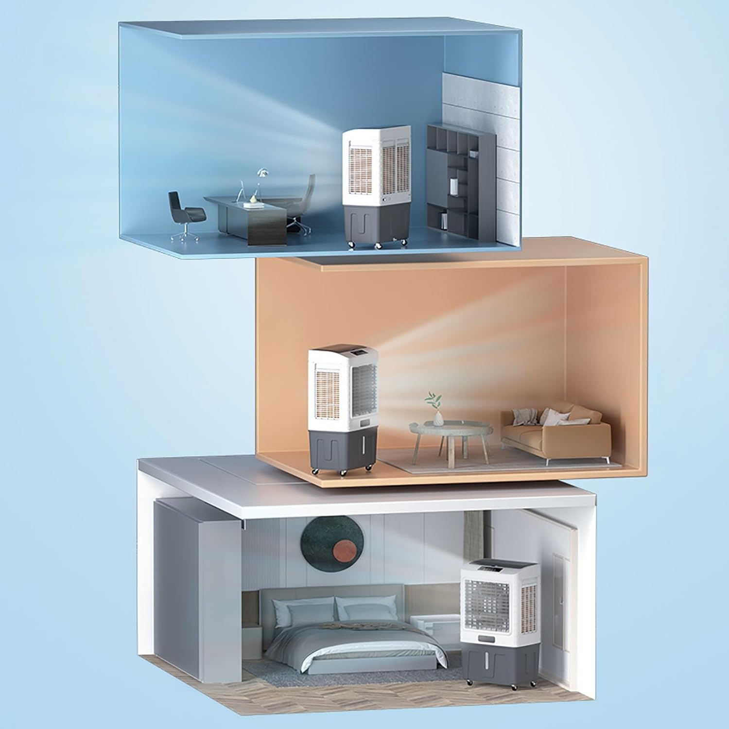 Water Cooler Fan Portable Evaporative Air Cooler, 3 Speeds Air Conditioner, 4 Ice Packs & 50L Water Tank, for Room, Factory & Office