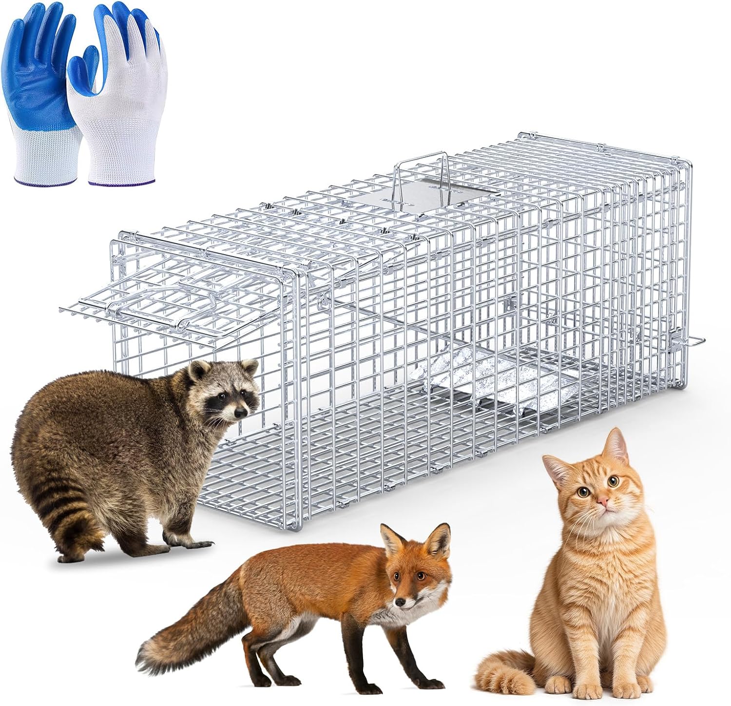 Live Animal Trap Cage, 37x14x15in Heavy Duty Folding Catch and Release Humane Cat Trap, Large Galvanized Iron for Raccoons, Foxes, Coyotes, Stray, Dogs, Rabbits, Armadillos, Squirrels