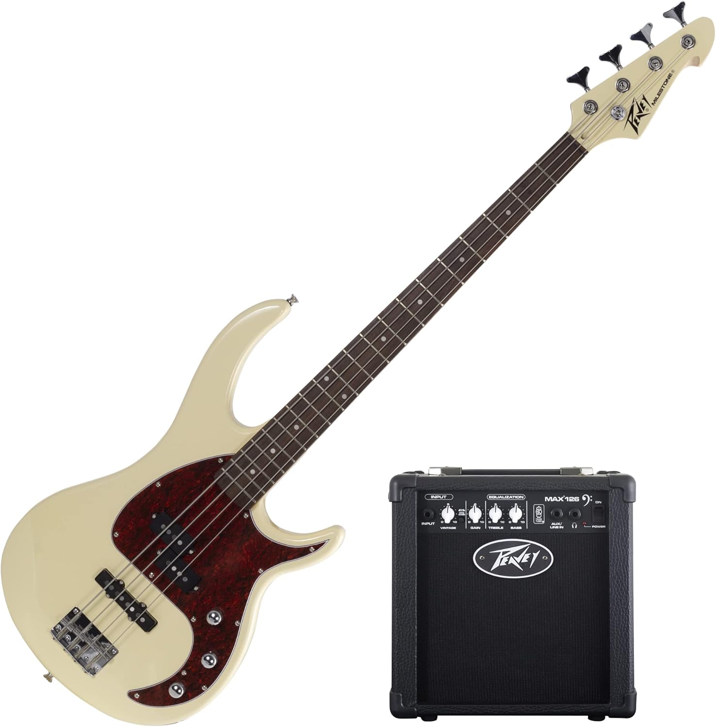 Peavey Milestone® 4-String Ivory Bass Guitar & MAX® 126 10-Watt Bass Combo Amp