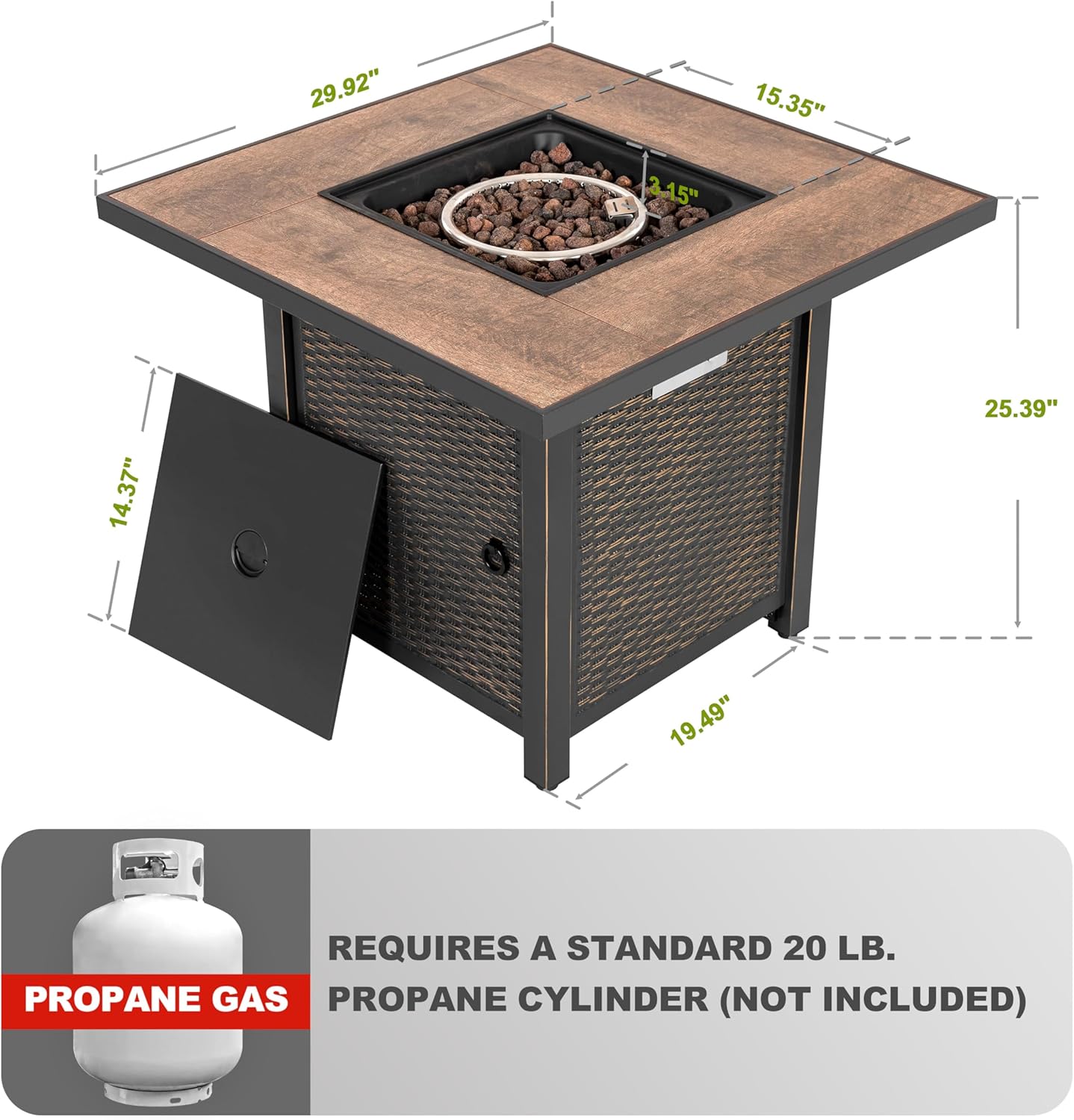 Nuu Garden 30” Propane Fire Pit, CSA-Listed Outdoor Fire Pit Table, 50,000 BTU Gas with Lid and Lava Rocks, 2-in-1 Square Fire Pit for Outside Backyard Patio, Black with Gold Edge