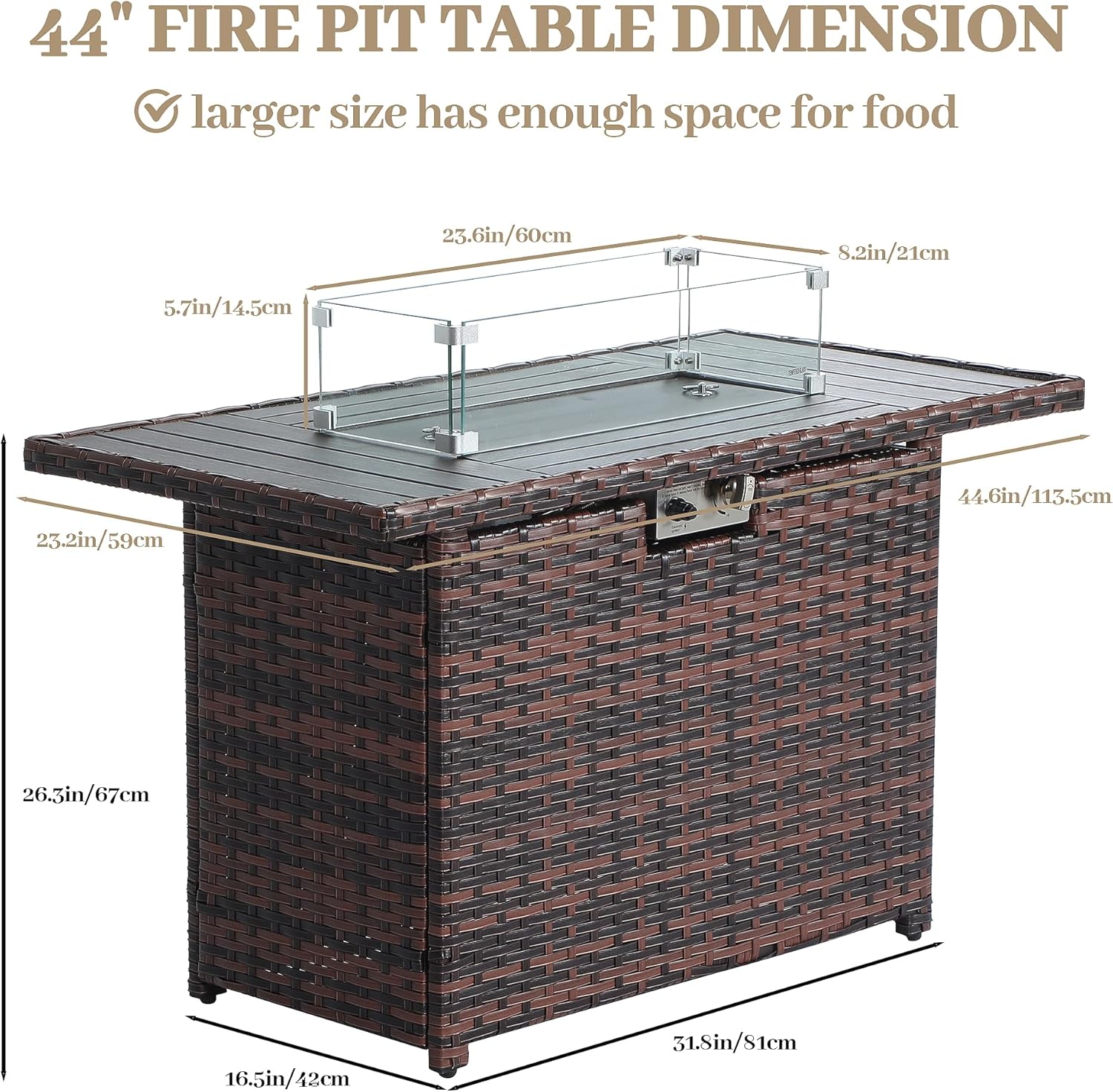EortheX 44 Inch Propane Fire Pit, Steel Gas Fire Feature Table with Iron Lid,Glass Rock, Rain Cover and Tempered Glass Wind Guard for Outside Garden Backyard Deck Patio