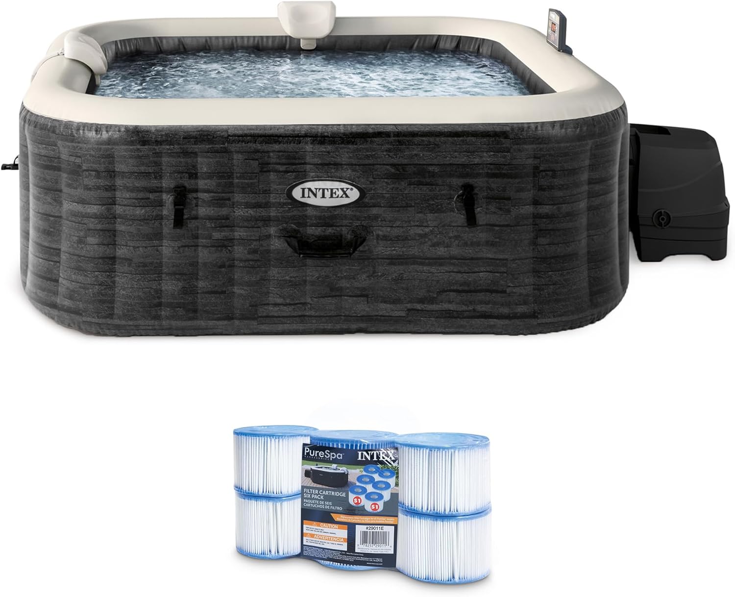 Intex PureSpa Plus Greystone Inflatable Square Outdoor Hot Tub Spa, 94 x 28 Bundled with Type S1 Easy Set Pool Filter Replacement Cartridge (6 Pack)