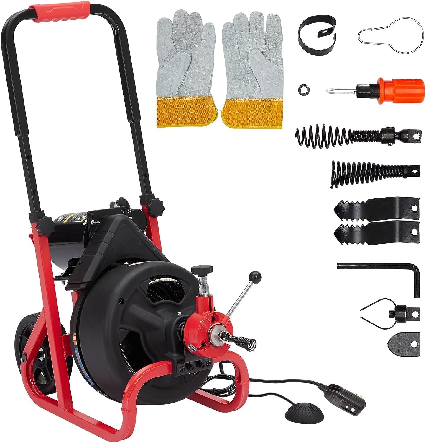 Drain Cleaner Machine - 100Ft x 3/8 Inch, Auto-feed Electric Drain Auger for Plumbing with 6 Cutters, Glove, Commercial sewer snake Drill Drain Auger Cleaner for 2‘’- 4‘’(50-100mm) Pipes