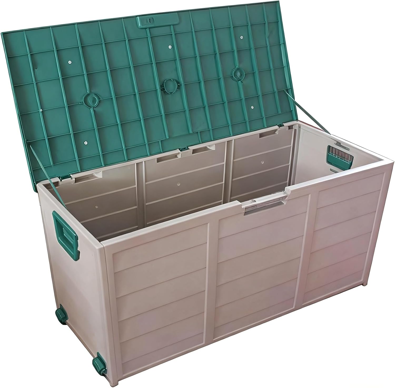 Patio Torage Boxs With Hydraulic rod Waterproof PP Plastic Material With Wood Grain Finish Suitable for Backyard Garage Shed Large Capacity Lockable Storage box(Green)